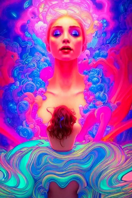 Image similar to a gorgeous woman engulfed in colorful liquid clouds and neon smoke, extremely psychedelic experience, psilocybin, dmt, lsd face, highly detailed, artstation, concept art, blue background, digital art by hana yata, and artem demura and beeple, alphonse mucha, octane render, unreal engine, 8 k