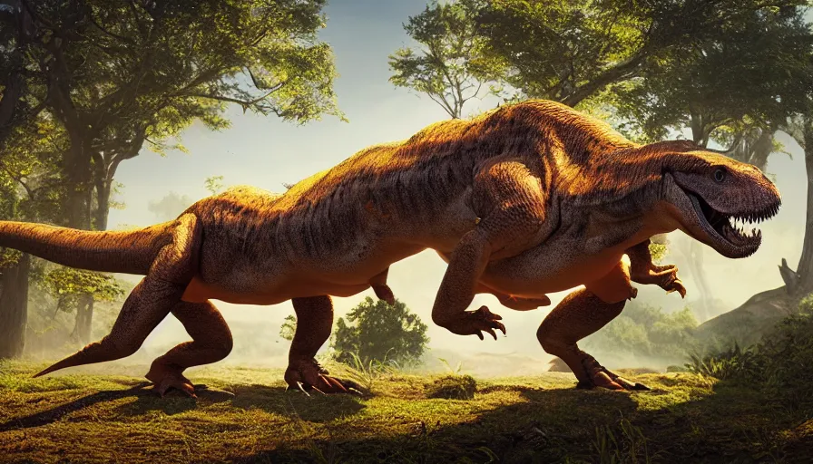 Prompt: hyper realistic highly detailed nature photography of a trex, tyrannosaurus rex, prehistoric planet, volumetric lighting, octane render, 4 k resolution, golden hour