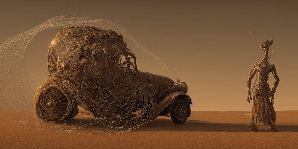 Image similar to A George Miller film, an ornate real character made out of intricate metallic filament webs and Endocrine system built out of dust and light, floating in the desert night, hyper-realism, very detailed feel, rendered in Octane, tiny points of light, caustic, 4k, beautiful lighting