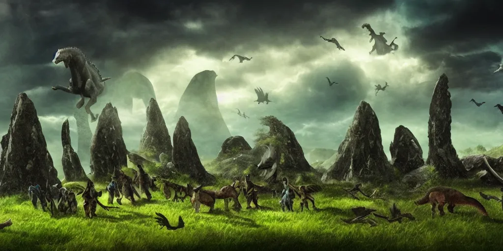 Image similar to fantasy landscape, ancient Ireland, standing stones, dramatic clouds, atmospheric, green hills, dinosaurs, ancient Irish hunters riding dinosaurs