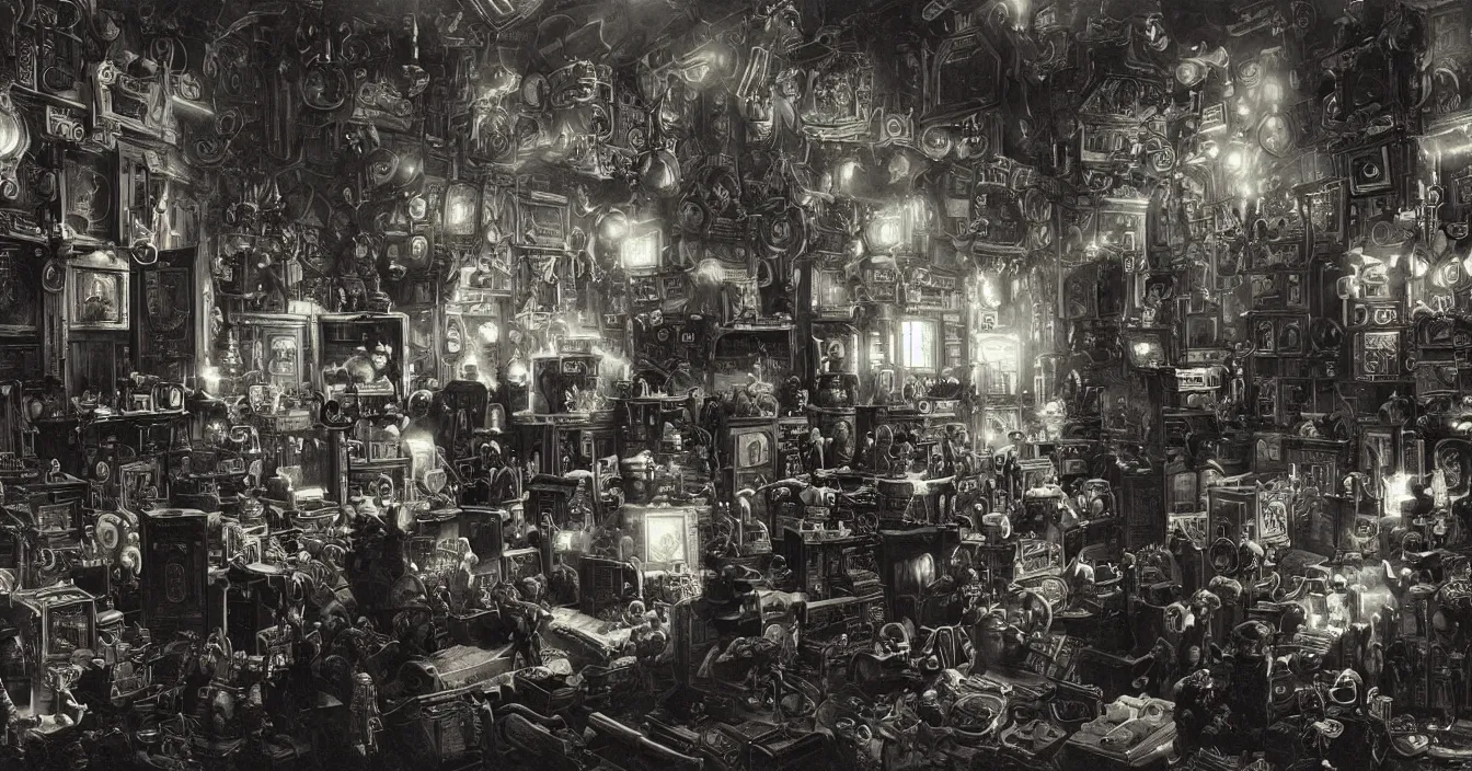 Prompt: Wide view of a room interior of strange hardware geek from far future, full of various electronic hardware components, devices and instruments, incredible sharp detail, back light contrast, dramatic dark atmosphere, bright vivid colours, reclections, metal speculars, painted by Asher Brown Durand , Gustave Dore, George Inness, Martin Johnson Heade