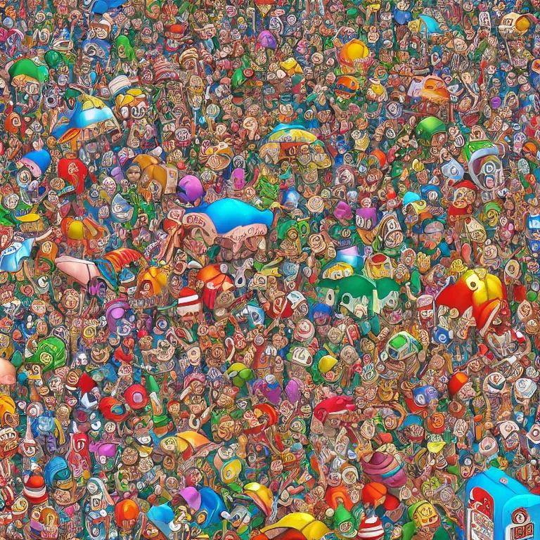 Prompt: an incredibly detailed masterpiece photo of a Where's Waldo puzzle by bosch and lisa frank, ornate, beautiful, bold colors, detailed, high resolution, wow!, realistic, photorealism, intricate, 4k octane render, unreal engine, zbrush, vfx, very realistic