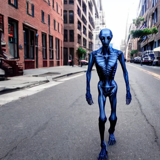 Image similar to an 8 k super hi res hdr realistic humanoid alien walking down a street in brooklyn