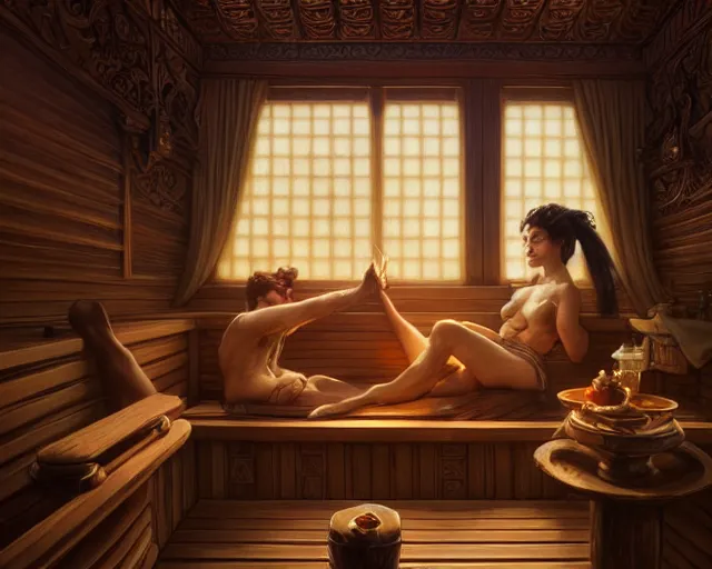 Prompt: two people in sauna, deep focus,, fantasy, intricate, elegant, highly detailed, digital painting, artstation, concept art, matte, sharp focus, illustration, hearthstone, art by artgerm and greg rutkowski and alphonse mucha