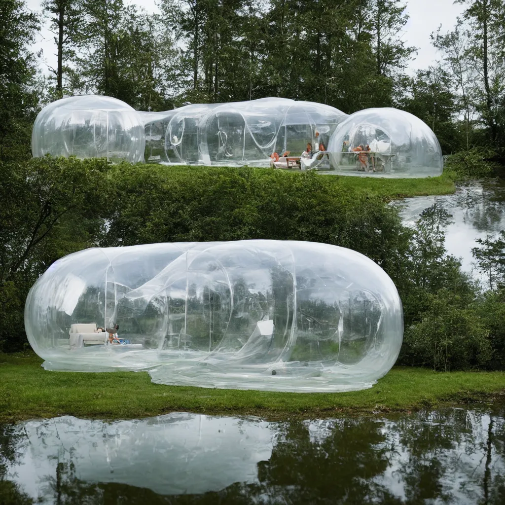 Prompt: an inflatable house made of clear plastic sheeting. The house is made of 8 inflated bubbles. The inflated house sits in a lake on the edge of a forest. A family is living inside the bubble house and it is furnished with contemporary furniture and art. ultra wide shot, coronarender, 8k, photorealistic