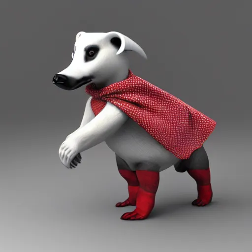 Image similar to a humanoid upright friendly badger walking on white background towards the camera, he‘s wearing a red neckerchief, clean digital render