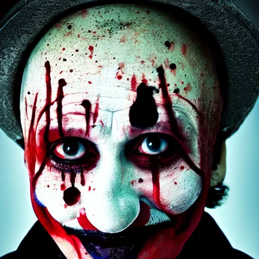 Image similar to medium shot of an expressionless clown with blood splattered on his face, muted tones, slightly out of focus, found footage, bland colors