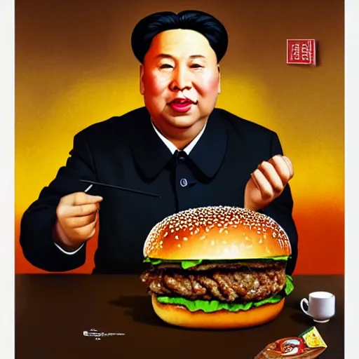 Prompt: portrait of Chairman Mao eating a giant hamburger , extra onions and ketchup, luscious patty with sesame seeds, feminine ethereal, handsome, D&D, fantasy, intricate, elegant, highly detailed, digital painting, artstation, concept art, matte, sharp focus, illustration, art by Artgerm and Greg Rutkowski and Alphonse Mucha