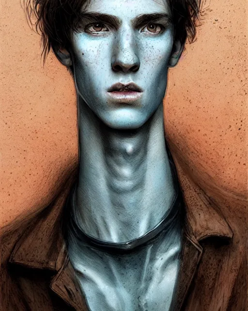 Prompt: portrait of tall, thin, 1 5 - year - old boy with a long nose, a lot of freckles, fiery red hair, and bright blue eyes, hyper realistic face, beautiful eyes, fantasy art, in the style of greg rutkowski, intricate, hyper detailed, smooth