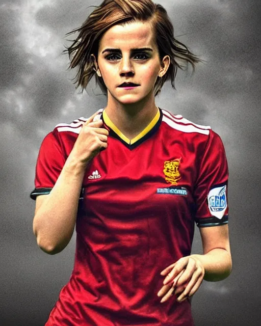 Image similar to a portrait of emma watson as a lokomotiv football player, hyper realistic, highly detailed