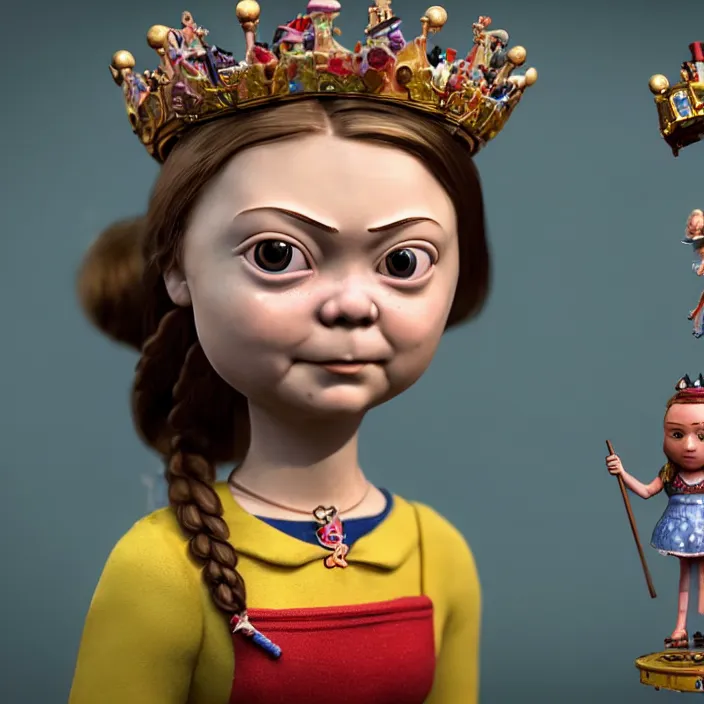 Image similar to highly detailed closeup, face profile portrait of greta thunberg as a tin toy fairytale princess wearing a crown eating cakes, bikini, unreal engine, nicoletta ceccoli, mark ryden, earl norem, lostfish, global illumination, detailed and intricate environment