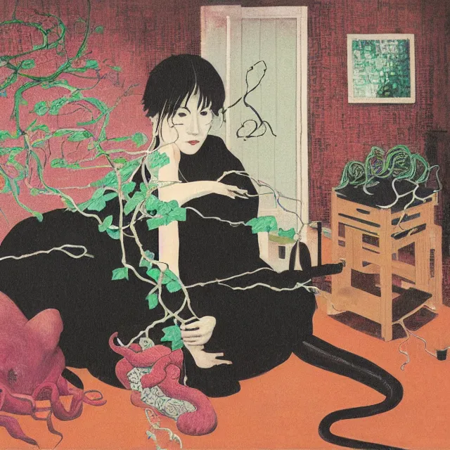 Image similar to a female emo pathology student in her apartment, wrapped in vines, medical equipment, candles, octopus, japanese tea ceremony, pig, black walls, ikebana, black armchair, sculpture, acrylic on canvas, surrealist, by magritte and monet