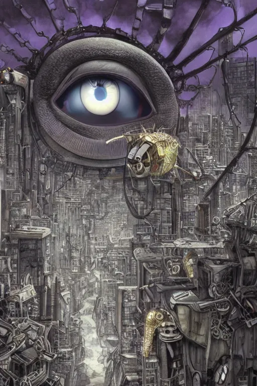 Image similar to biomechanical robot eye overlooking a desolate metropolis, fantasy, volumetric lighting, professional illustration by junji ito