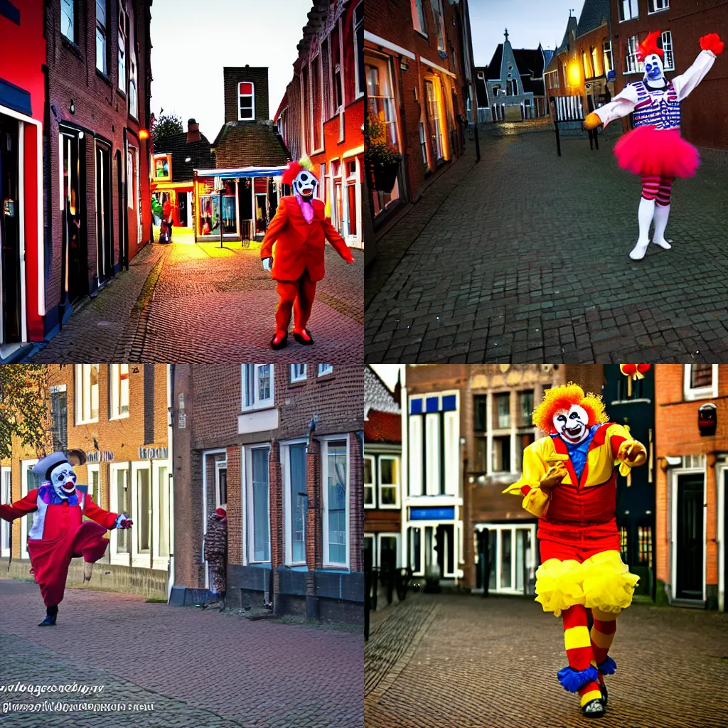 Prompt: a clown dancing in the old city center of Maassluis, dusk, cozy but ominous vibe