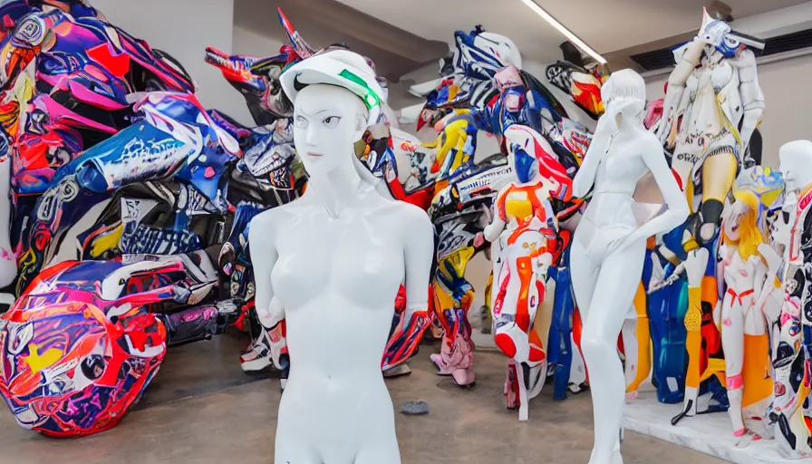 Image similar to extremely beautiful photo of a white marble statue of an anime girl with colorful motocross logos and motorcycle helmet with closed visor, standing in an airy light fashion boutique, large space, colorful smoke in the background, carved marble statue, fine art, neon genesis evangelion, virgil abloh, offwhite, denoise, highly detailed, 8 k, hyperreal