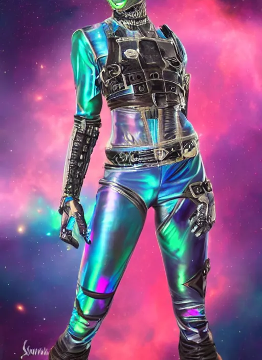 Image similar to iridescent bodypaint on a swashbuckling space pirate, she is wearing a futuristic space bounty hunter clothes, digital art