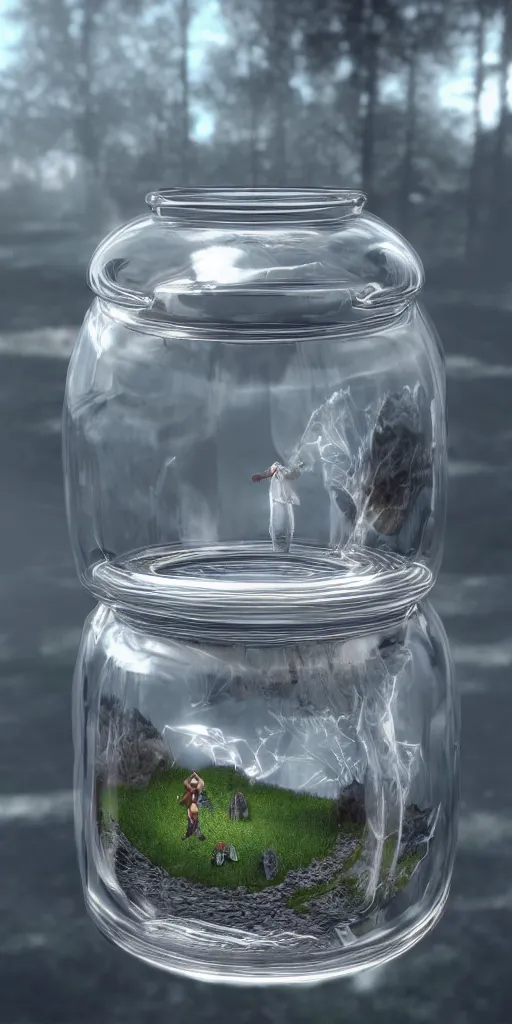 Prompt: a tiny world inside a glass jar sitting in a field , realistic, unreal engine 5, trending on artstation, Fantasy style, object , high detail, -4