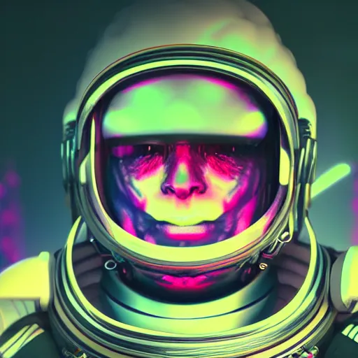 Image similar to synthwave demonic astronaut face with neon horns, detailed face, sharp focus, synthwave art, aesthetic, octane render, raw, cinematic