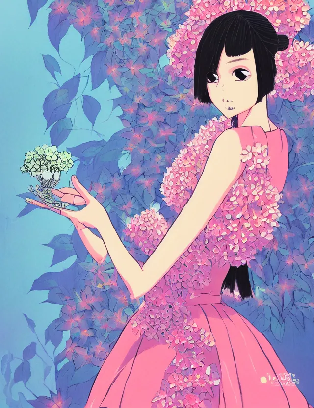 Prompt: southeast asian princess of the hydrangea mountains, wearing a lovely dress with cyberpunk elements. this gouache painting by the award - winning mangaka has an interesting color scheme, plenty of details and impeccable lighting.