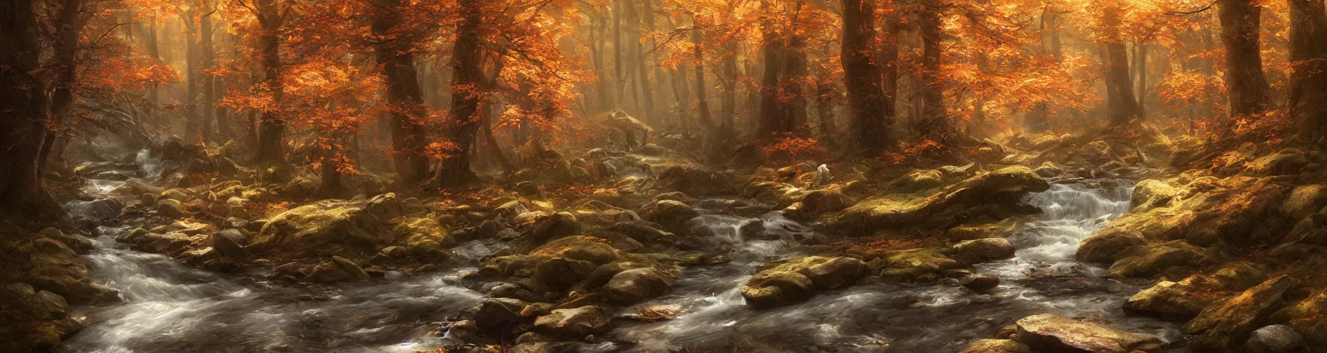 Prompt: stream flowing through autumnal forest, d & d, fantasy, portrait, highly detailed, digital painting, trending on artstation, concept art, sharp focus, illustration, art by artgerm and greg rutkowski and magali villeneuve