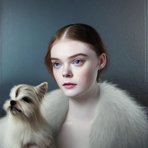 Image similar to Elle Fanning holding a Yorkshire Terrier in the style of Lady with an Ermine, head and shoulders portrait, stormy weather, extremely detailed masterpiece, oil on canvas, low-key neon lighting, artstation, Blade Runner 2049, Roger Deakin’s cinematography, by J. C. Leyendecker and Peter Paul Rubens and Edward Hopper and Michael Sowa,