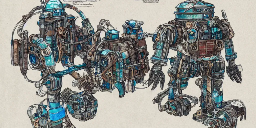 Prompt: beautiful schematic of a combat robot made of rocket and car engine parts, schematic, dieselpunk, illustration, intricate, highly detailed, studio ghibli color scheme