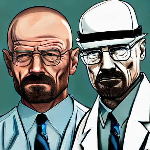 Prompt: walter white in the style of a gta cover art