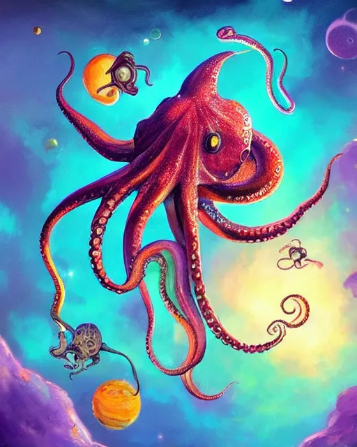 Image similar to octopus flying in space, colorful detailed digital painting, professional concept art, best of art station