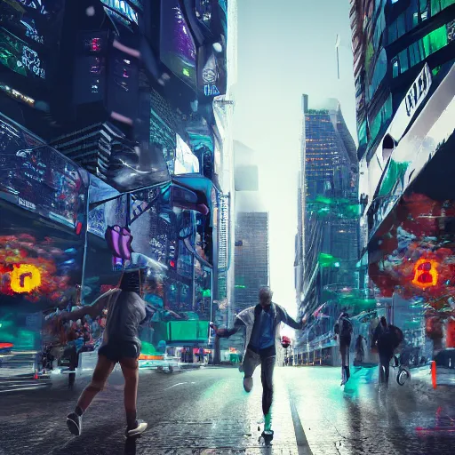 Image similar to landscape bunch of people running away scared from cryptocurrency logo standing in the city, cyberpunk, artstation, hyperdetailed, hdr, 8 k