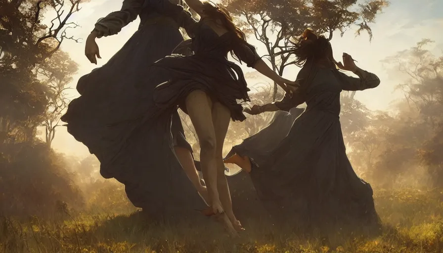 Image similar to girls dancing around a black monolith through the african savannah, artgerm and greg rutkowski and alphonse mucha, an epic fantasy, volumetric light, detailed, establishing shot, an epic fantasy, trending on art station, octane render, midsommar