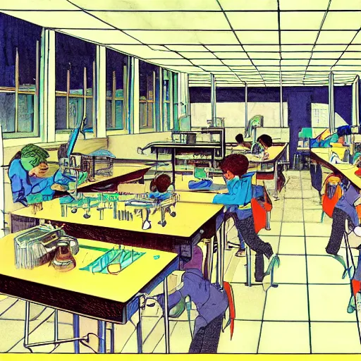 Image similar to a school science lab, by moebius