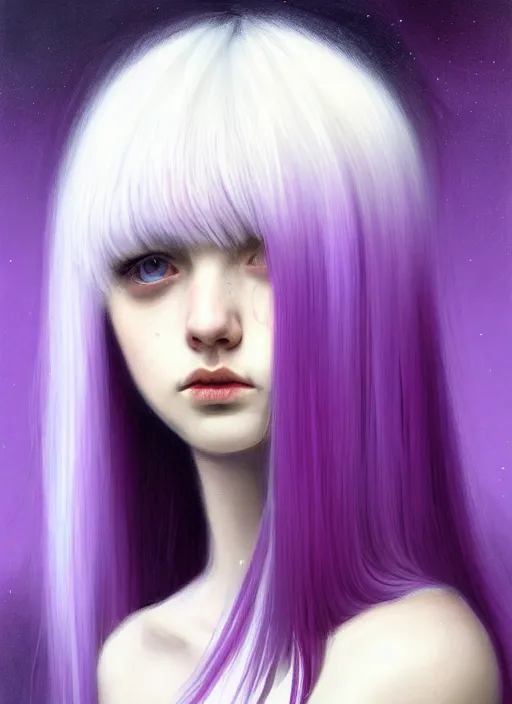 Image similar to hair whitebangs hair, black hair, whitebangs, portrait of teenage girl with white bangs, red irises, purple clothes, white bangs, bangs are different color from hair, intricate, elegant, glowing lights, highly detailed, digital painting, artstation, concept art, smooth, sharp focus, illustration, art by wlop, mars ravelo and greg rutkowski