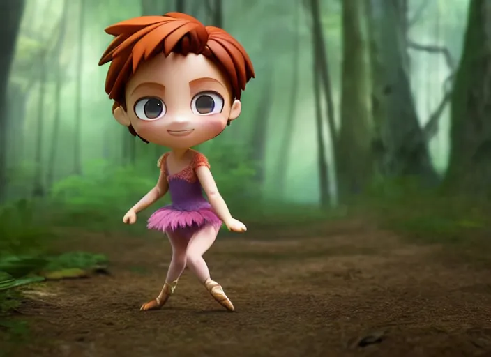 Image similar to redhead prima ballerina as nendoroid walking in a forest in the croods movie style, anime, disney, pixar, 8 k, hd, dof, kodak film, volumetric lighting, subsurface scattering, photorealistic, octane render, details