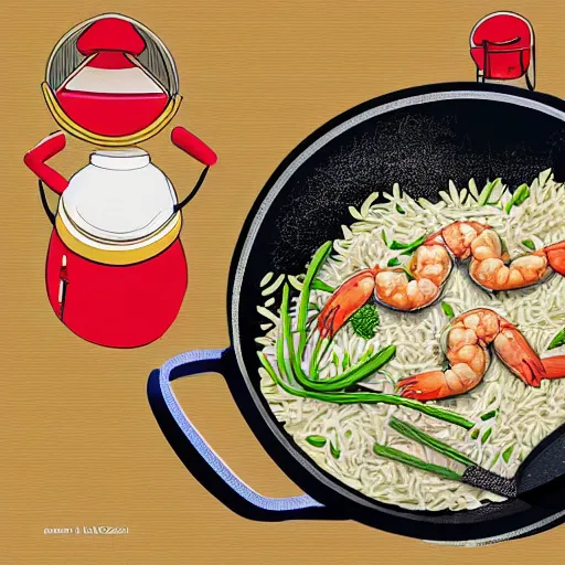 Image similar to A shrimp chef cooking rice in a pan, digital art