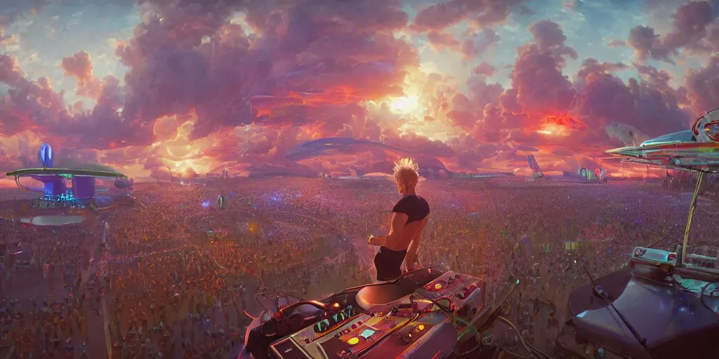 Prompt: the year 3000 on a festival with Armin van Buuren as a DJ, extremely detailed oil painting, unreal 5 render, rhads, Bruce Pennington, Studio Ghibli, tim hildebrandt, digital art, octane render, beautiful composition, trending on artstation, award-winning photograph, masterpiece