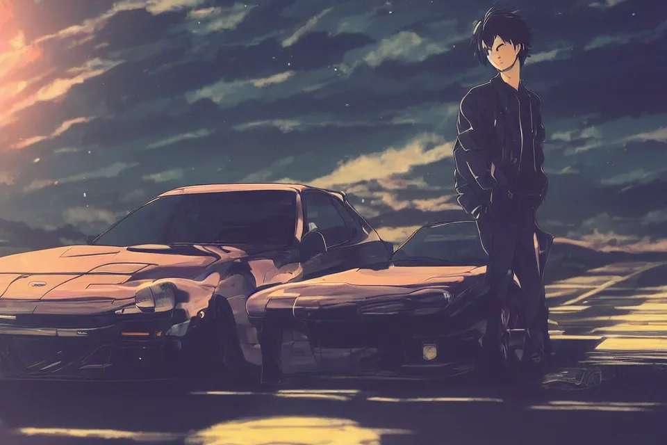 Image similar to aesthetic illustration of ryosuke takahashi with black hair, standing by his glossy mazda rx 7 on an empty highway at sunrise, cinematic lighting, initial d anime 1 0 8 0 p, detailed anime face, high detail, 9 0 s anime aesthetic, volumetric lights, rule of thirds, unreal engine 5 render, pinterest wallpaper, trending on artstation