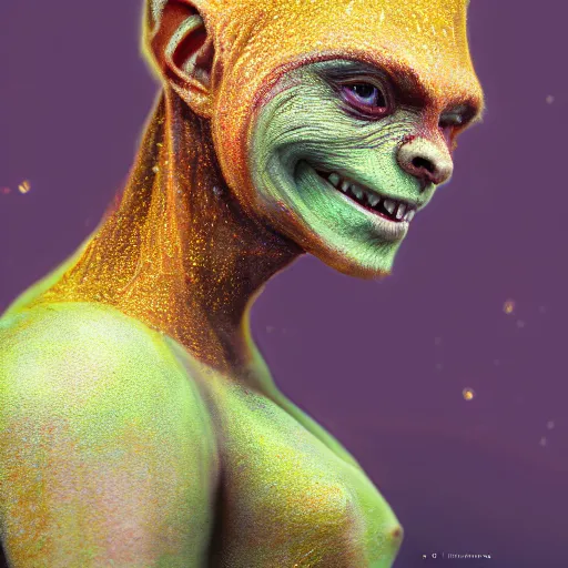 Prompt: A professional digital portrait painting of a young adult female goblin with (skin that looks like fire), dressed in light armor, 4k, digital art, trending on cgsociety, highly detailed, paint by Wes Anderson, head and shoulders shot, shallow depth of field, purple and yellow lighting, professional lighting, airbrush, Hayao Miyazaki
