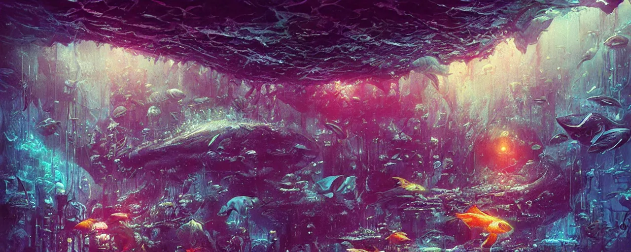 Image similar to ” inside a fish, [ moist, wet, gut, gills, cinematic, detailed, epic, widescreen, opening, establishing, mattepainting, photorealistic, realistic textures, octane render, art by paul lehr ] ”