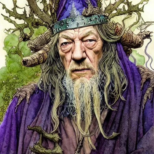 Prompt: a realistic and atmospheric watercolour fantasy character concept art portrait of ian mckellen as a druidic warrior wizard looking at the camera with an intelligent gaze by rebecca guay, michael kaluta, charles vess and jean moebius giraud