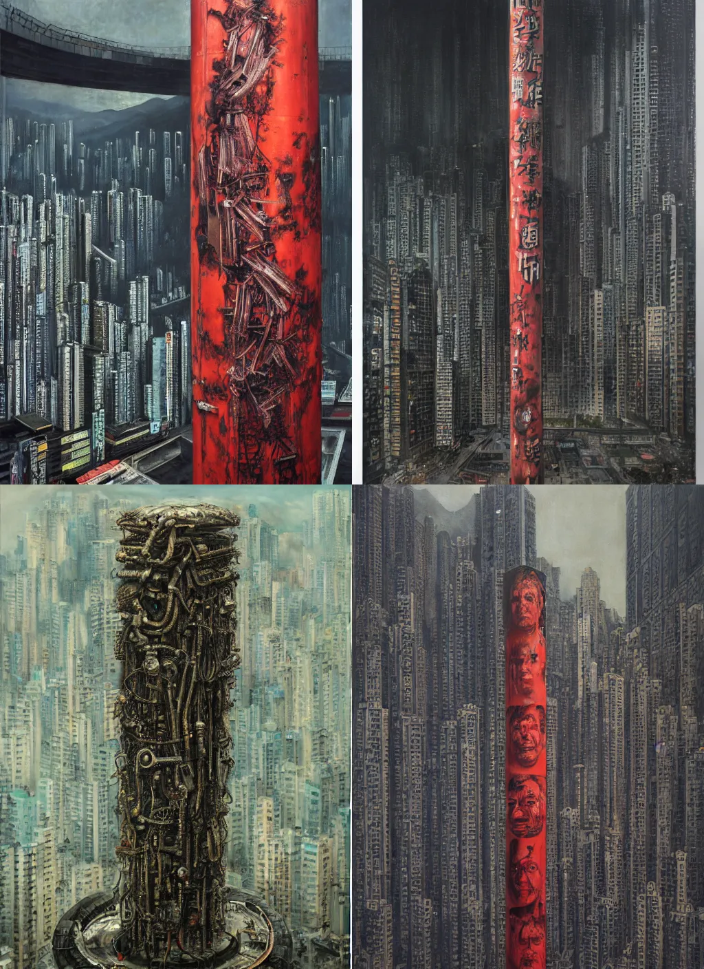 Prompt: 8k photo hyperrealistic pillar of shame in Hong Kong oil on canvas painting by Dan Witz and H.R.Giger