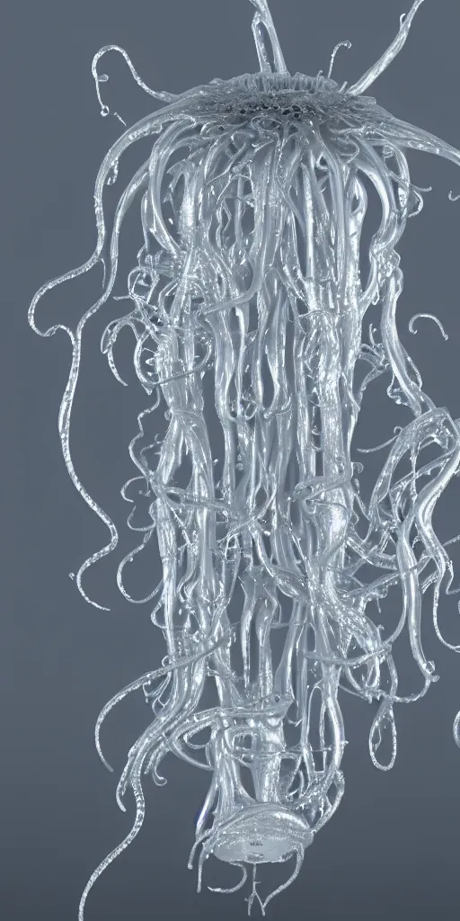 Prompt: a photorealistic render of a 3 d alien jellyfish sculpture, made of liquid metal and marble, c 4 d, by ernst haeckel and zhelong xu, complex and hyper realistic, plain background, 8 k, volumetric lightning, very detailed