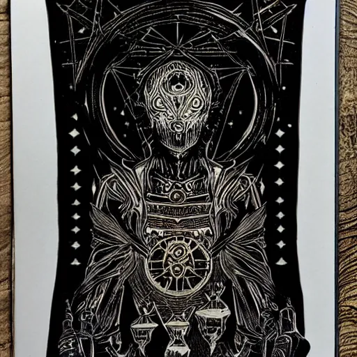 Image similar to black paper + tarot card + eldritch god, vintage detailed sci - fi illustration designed by marc simonetti and mike mignola + psychedelic black light style + intricate ink illustration + symmetry + bloodborne