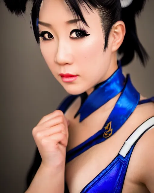 Image similar to Beautiful close highly detailed portrait of a Chun-Li from Street Fighter 2 cosplayer in her iconic signature main outfit. Award-winning photography. XF IQ4, 150MP, 50mm, f/1.4, ISO 200, 1/160s, natural light, rule of thirds, symmetrical balance, depth layering, polarizing filter, Sense of Depth, AI enhanced