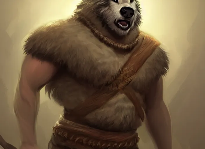 Image similar to burly tough character feature portrait of the anthro male anthropomorphic wolf fursona animal person wearing tribal primitive caveman outfit belt standing in the entrance to the cave, center framed character design stylized by charlie bowater, ross tran, artgerm, makoto shinkai, detailed, soft lighting, rendered in octane