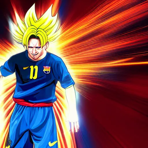 Image similar to Lionel Messi as legendary super Saiyan, as photograph