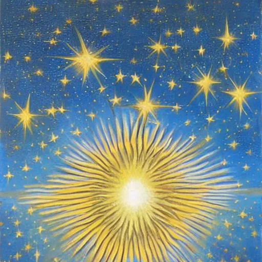 Prompt: a giant blue star inside a golden artificial megastructure, highly detailed artwork, oil painting