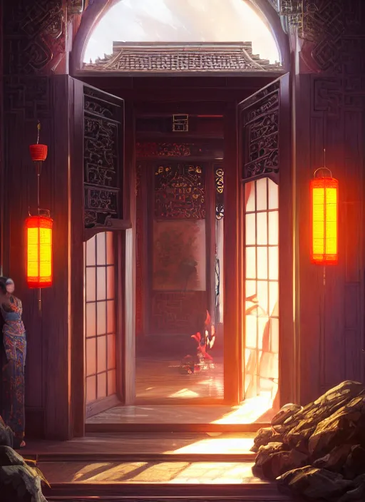 Prompt: Highly detailed chinese door, Stephen Bliss, unreal engine, fantasy art by Greg Rutkowski, Loish, Rhads, Makoto Shinkai and Lois van baarle, ilya kuvshinov, rossdraws, Tom Bagshaw, global illumination, radiant light, detailed and intricate environment