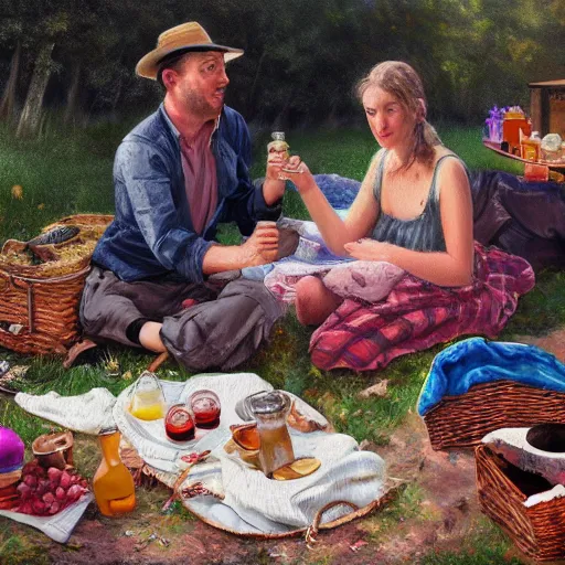 Image similar to a picnic, oil painting, high detail, 8 k, wide angle, trending on artstation,