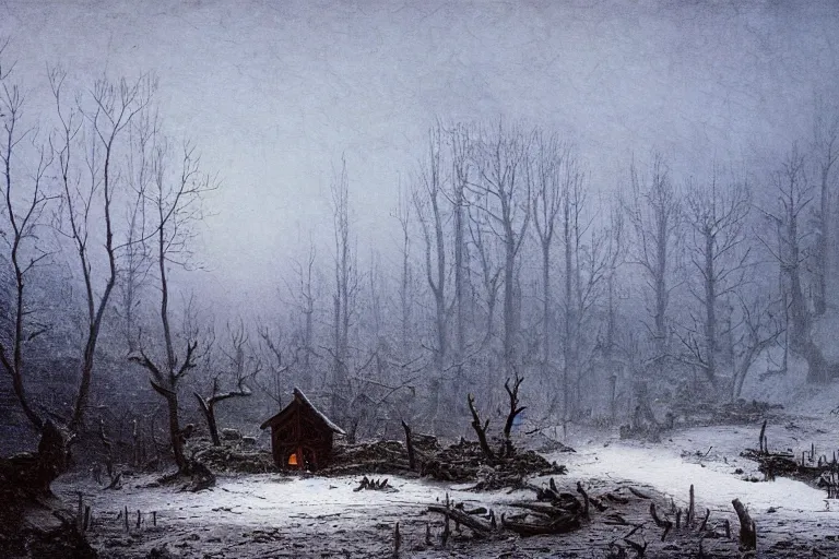 Image similar to A cloaked wanderer walking by the burnt husk of a cabin in a snowy landscape, matte oil painting, fantasy, exquisitely detailed, gothic, by Caspar David Friedrich and Makoto Shinkai