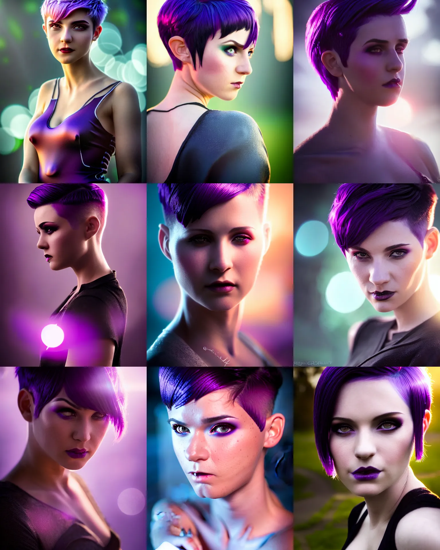 Prompt: Portrait photograph of sexy attractive magic young female, pixie undercut hairstyle, black to purple fade hairstyle, D&D fantasy magic, cinematic rim light, lens flare, bloom, shallow focus dof bokeh, art by Greg Rutkowski